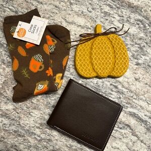 Fall Bundle includes brown mens wallet socks and pumpkin decor NWOT